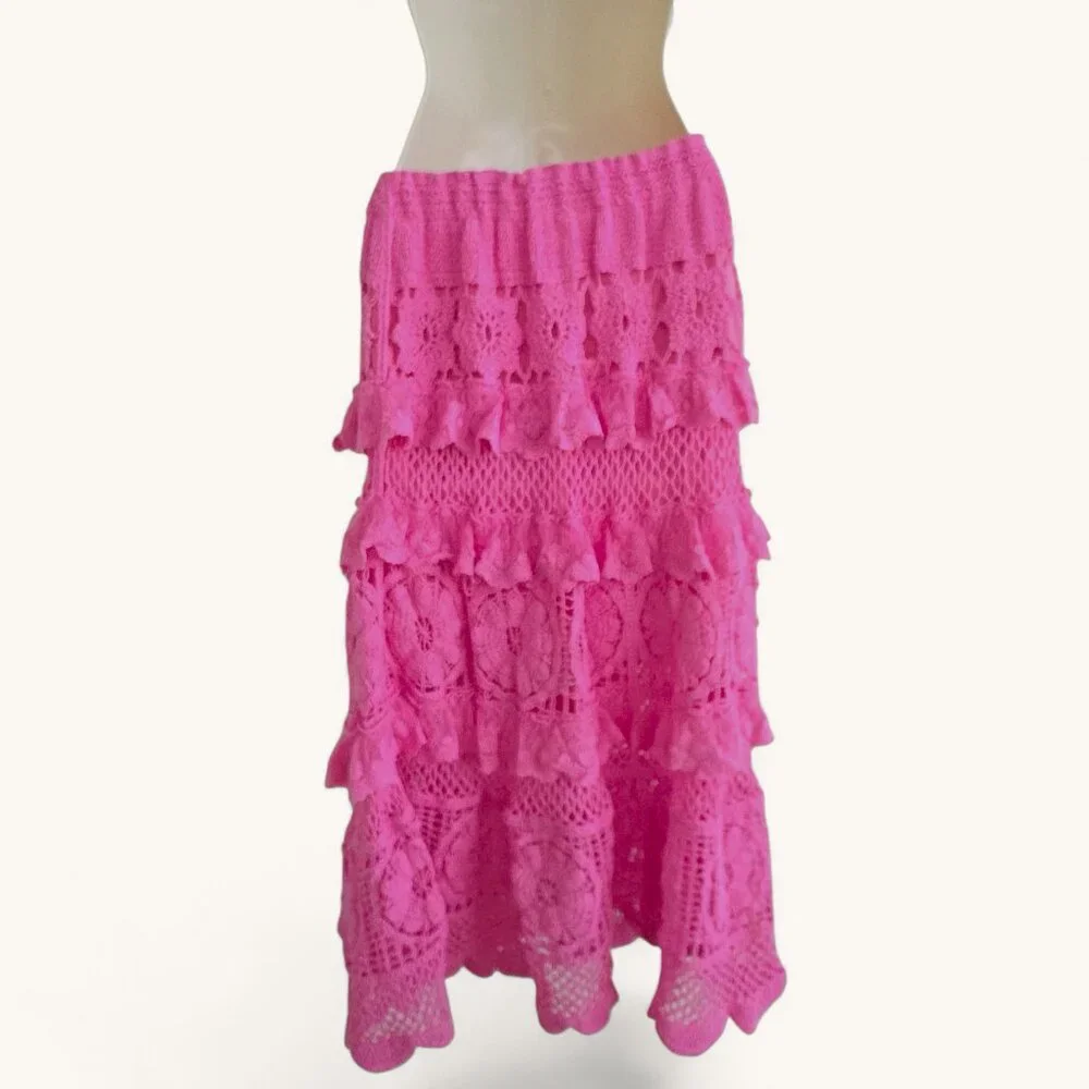 POL Bubblegum Pink Tiered Ruffled Flowy Crochet Maxi Skirt - Picture 4 of 7